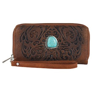 Catchfly- Turquoise stone floral embossed zip Wallet