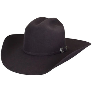 Dark brown cowboy hat with a silver buckle on a white background