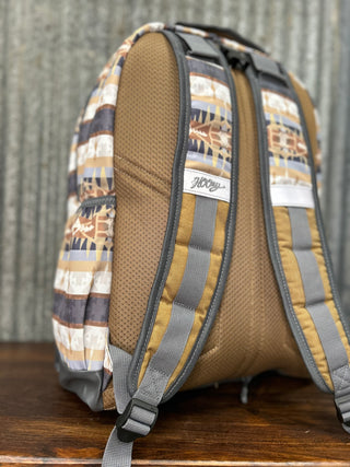 Backpack with patterned design on a wooden surface