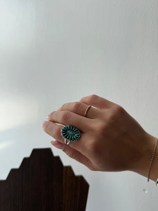 Hand wearing a decorative ring on a plain background