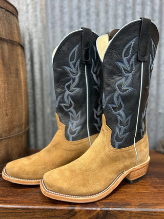 Pair of tan cowboy boots with black leather uppers featuring white embroidery on a wooden surface.