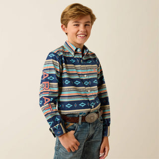 Ariat Boy's Team Jet LS Button Down {Navy/Orange}