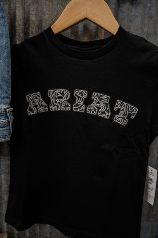 Black t-shirt with 'REBEL8' logo on a hanger against a dark background
