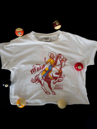 White t-shirt with red graphic design of a cowboy on a horse, surrounded by pool balls on a black background.