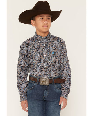Cinch Boy's Paisley Print Button Down {Brown + Black}