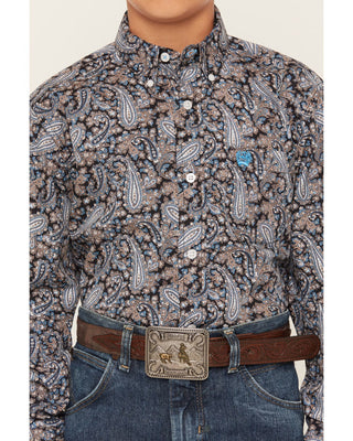 Cinch Boy's Paisley Print Button Down {Brown + Black}