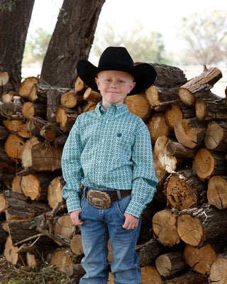 Cinch Youth Boys Printed Button Down {Turquoise}