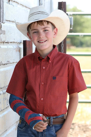Cinch Youth Short Sleeve Button Down {Red}