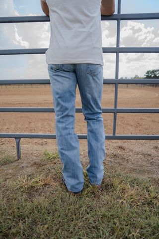 Person wearing a white shirt and blue jeans standing behind a metal fence with a field and sky in the background.