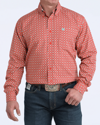 Cinch Diamond Print Stretch Button Down {Red}
