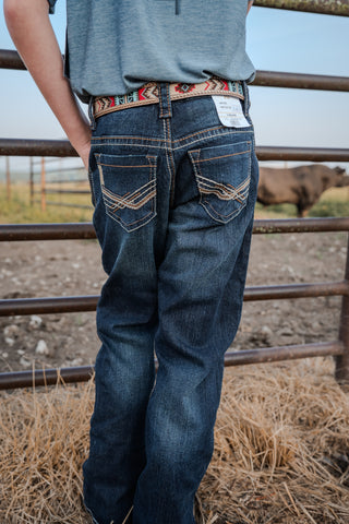 Person wearing blue jeans with a patterned belt standing in a fenced area with a cow in the background.