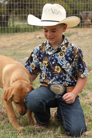 Cinch Boy's Hibiscus Print Polo {Blue & Gold}