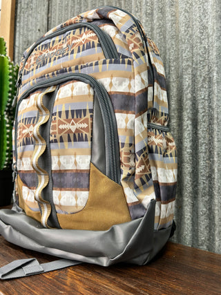 Patterned bag on a wooden surface
