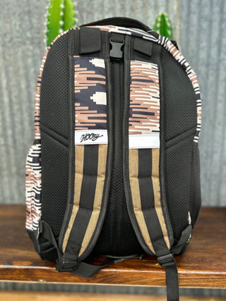 Backpack with camouflage pattern on a wooden surface