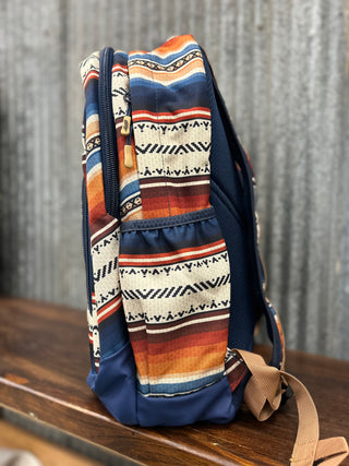 Backpack with a colorful pattern on a wooden surface
