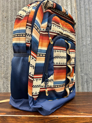 Backpack with tribal pattern on a wooden surface