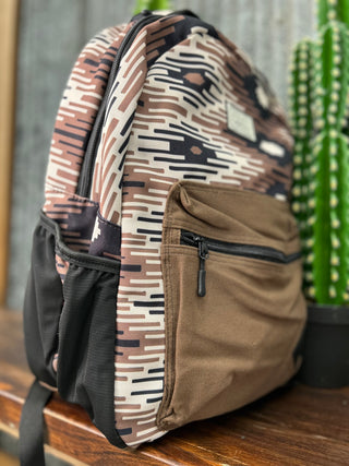 Camouflage-patterned backpack on a wooden surface with a cactus in the background