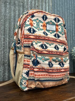 Backpack with tribal pattern on a wooden surface and metal wall background