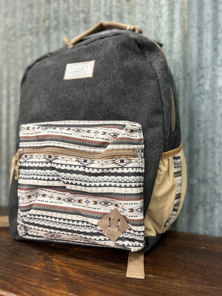 Backpack with patterned side pocket on a wooden surface