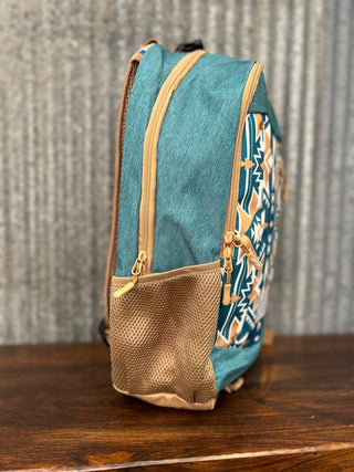 Blue backpack with patterned side and gold zipper on a wooden surface