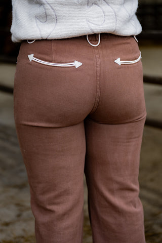 Brown pants with white zippers on a blurred background