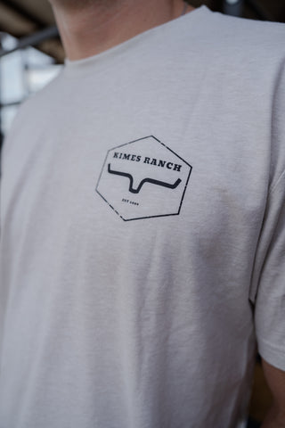 Gray t-shirt with a black logo on the chest worn by a person.