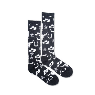 Black socks with white patterns on a white background