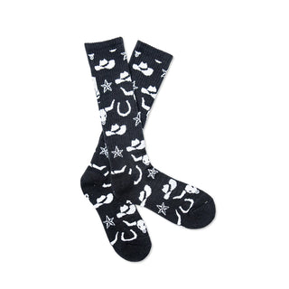 Black socks with white pattern on a white background
