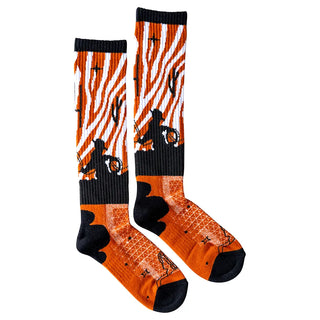 Pair of socks with orange and black zebra pattern and silhouette design on a white background