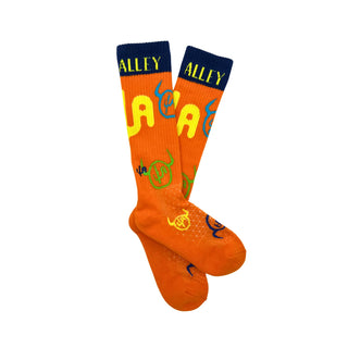 Orange socks with blue and yellow text on a white background