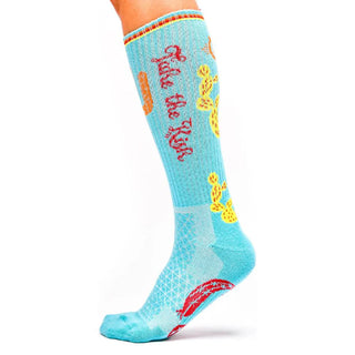 Turquoise sock with cartoon characters and text on a white background