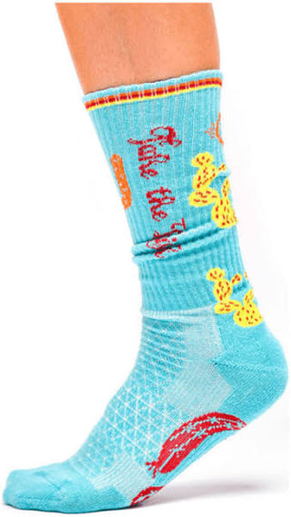 Blue sock with colorful designs and text on a white background