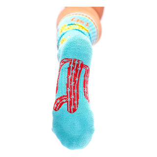 Turquoise sock with red and yellow design on a white background