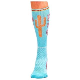 Light blue sock with orange cactus design on a white background