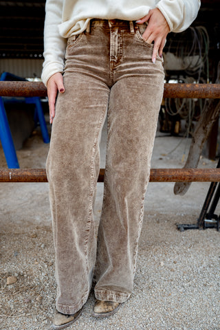 Person wearing brown corduroy pants standing in a stable.