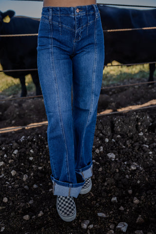 Person wearing blue jeans standing next to a cow in a fenced area.