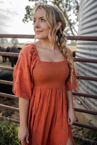 Woman in a rust-colored dress standing in front of a metal fence with livestock in the background.