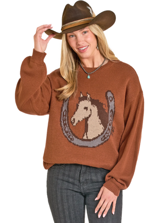 Rock & Roll Denim West Desperado Horseshoe Sweater {Burnt Orange} BW32T07769
