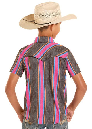 Rock & Roll Boy's TEK Retro Aztec Stripe Short Sleeve Pearl Snap {Black}