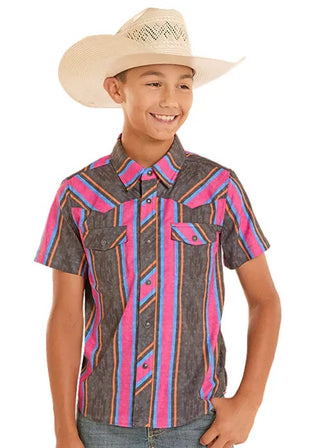 Rock & Roll Boy's TEK Retro Aztec Stripe Short Sleeve Pearl Snap {Black}