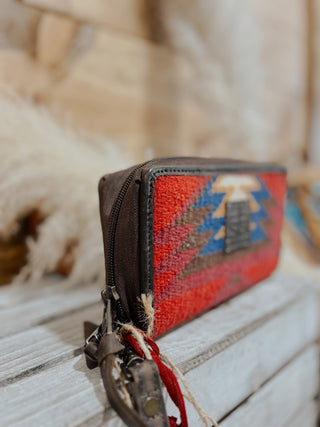 Small pouch with a colorful pattern on a wooden surface