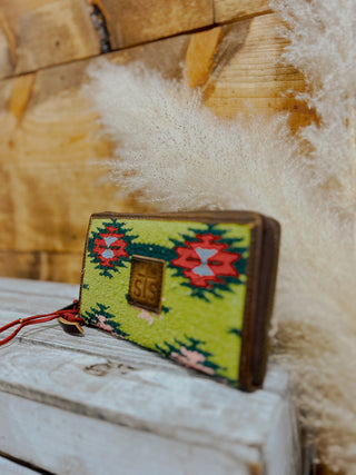 Small pouch with decorative patterns on a wooden surface