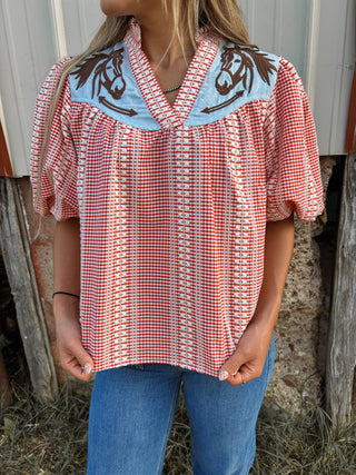 The Jolie Gingham Horse Blouse