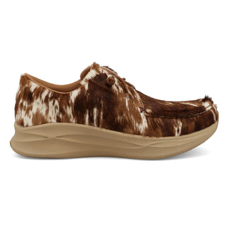Brown and white cow print sneaker on a white background