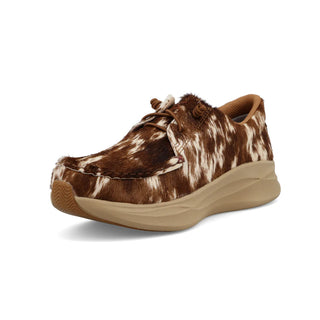 Brown and white cow print sneaker on a white background