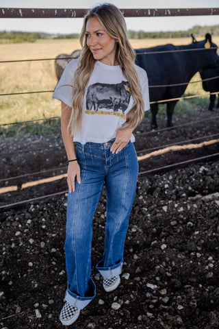 Woman wearing a graphic t-shirt and jeans standing in front of a fence with cows in the background.