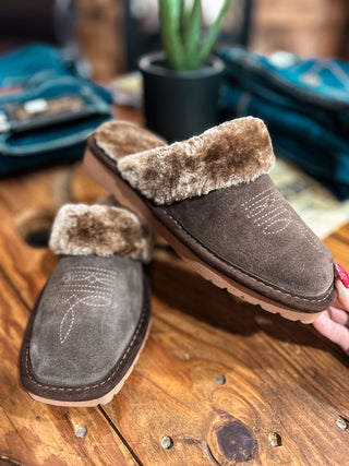 Brown suede slippers with fur lining on a wooden surface.