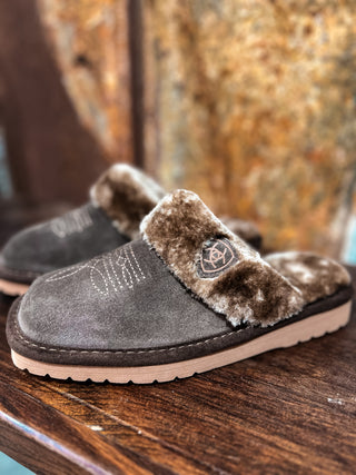 Pair of gray slippers with brown fur trim on a wooden surface.