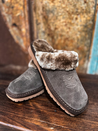 Pair of gray suede slippers with fur trim on a wooden surface.