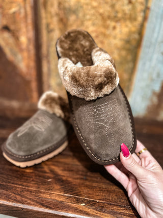 Brown suede slippers with fur lining held by a hand on a wooden surface.